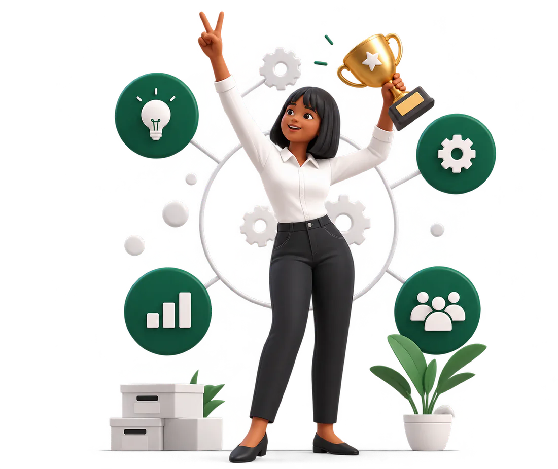 An entrepreneur holding up a trophy, surrounded by the pieces of her business